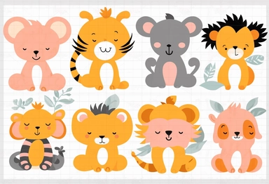 cute jungle animals clipart set for silhouette and for cricut, in the style of graph paper, white and orange, 8k, colorful caricature, #screenshotsaturday, hatching, óscar domínguez