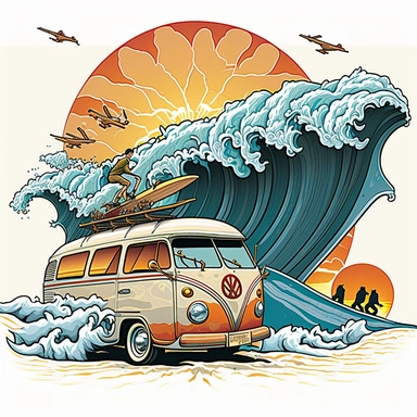 Visualize an exhilarating moment: a van conquering a towering wave, surfboards perfectly balanced, amidst a breathtaking sunset casting warm hues across the horizon, against a clean white backdrop, illustration style, white background, clipart, PNG pure white background, high resolution, hyper detailed, best quality, high detailed illustration