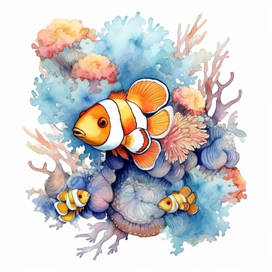 watercolor clown fish and sea anemones, shades of coral turquoise yellow and blue, glamorous, very detailed and realistic, white background with margins, clipart style
