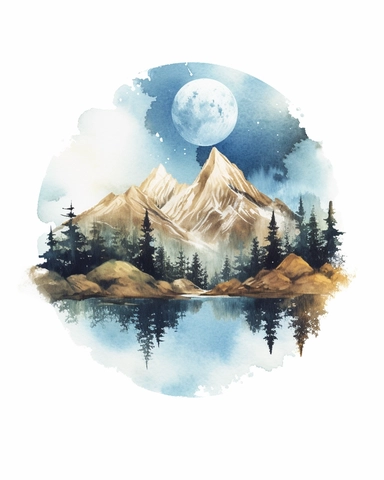 watercolor clipart of mountain, vintage homely vibes, isolated on blue background