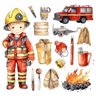 simple firefighter set for kids. Watercolour clipart