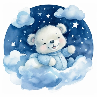 a delightful watercolor clipart image with a blue background and white margins, portraying a baby bear floating on a fluffy blue cloud, surrounded by a group of smiling stars. The ultra-detailed, hand-drawn elements capture the magic and happiness of the scene. Use soft shades of blue combined with hints of white and silver to create a visually captivating and cheerful image that conveys the joy and wonder of childhood