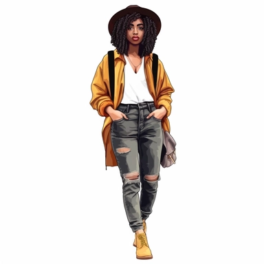 Black girl with old school fashion clothes, watercolor style, clipart solid white background