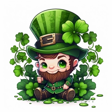 cute good mood dwarf smile wearing a green top hat St Patrick Day, clovers background, illustration, watercolor, chibi, 2d, icon, clipart, white background