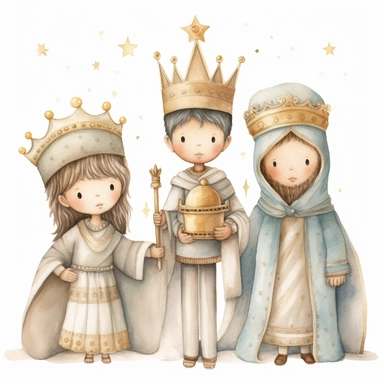 A watercolor painting of a cute nativity with 3 wise men holding gold, frankincense and myrrh, Christmas, cute detailed digital art, inspired by nicoletta ceccoli, by Kubisi art, whimsical and cute, by nicoletta ceccoli, cute detailed artwork, glimmering, adorable and whimsical, whimsical art, Clipart style, png style, svg style, blank white background, a solid white background
