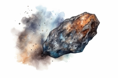 Watercolor, Create a visual representation of a Q-type asteroid, composed of carbonaceous and silicate materials clipart, hd, on a white background, spaced out