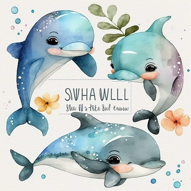 Cute Baby Dolphin Watercolor Clipart Set Kawaii Dolphin Adorable Baby Fish
