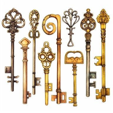assorted gold keys inspired by Alice in wonderland watercolor illustration, design elements isolated on white background, vintage clip art - Image #4 <@1098423716465102849>