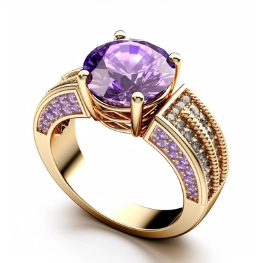 jewellery gold engagement ring with purple stone and diamonds digital clipart on white background