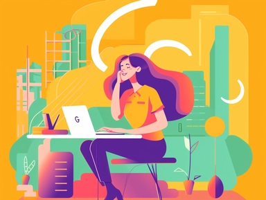 clipart scene of a woman working in an office, Alegria style, corporate memphis style, flat art, bold colors, upbeat, happy, friendly, high resolution, 8k