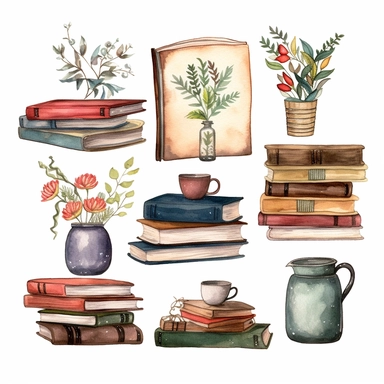 World book day hand drawn watercolor clipart set. Library books collection