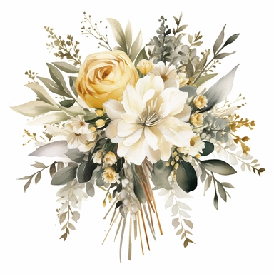 one watercolor wedding bouquet clipart on a white background, in the style of light yellow and white, intricate floral arrangements, white and bronze, intricate embellishments, sterling silver highlights, bold traditional, blurry details , no watermark, text, 300 DPI , typography, shapes do not stick together, no text in the picture, on a white background