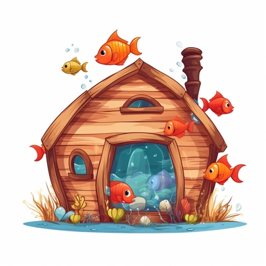 a fish home clipart with white background, kids, ocean, cartoon illustration, few details, beautiful colors, clean