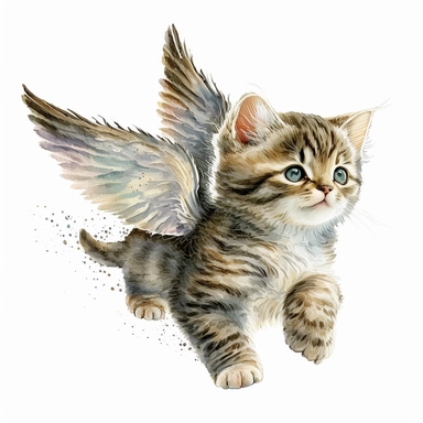 tabby kitten with angel wings flying, cute, watercolor, white background, clipart