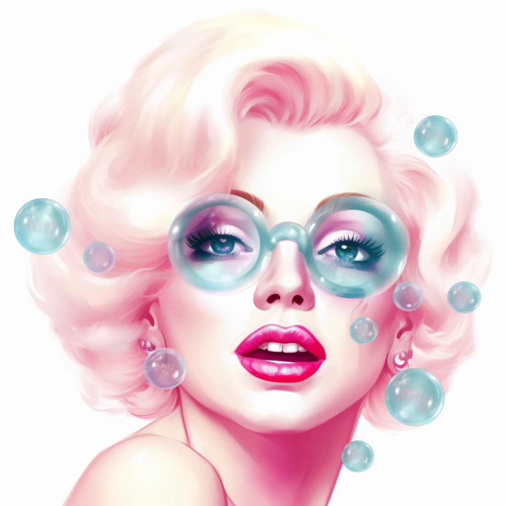 smiling angelic Marilyn Monroe blowing a pink bubblegum bubble and ...