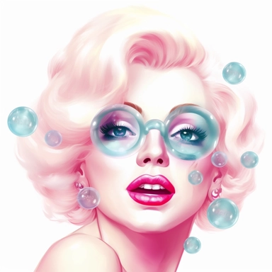 smiling angelic Marilyn Monroe blowing a pink bubblegum bubble and wearing pink glasses with big glass baby blue eyes clipart, white background, looking adorable and cute with shinny eyes and a teddy bear beside him with a human face, pastel colors and pastel light pinks and pastel purples and reds flowers and roses with majestic colors and majestic close up fantasy ethreal magical eternal clear water, Confident white tiger, nature, greens, river, turquoise, blues, pastel colours, light pink, sh