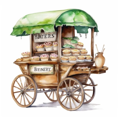 create a beatiful highly deatailed and saturated disney style watercolor clipart image of an old fashion wooden bakery cart selling key lime pies, white background, no text, no font