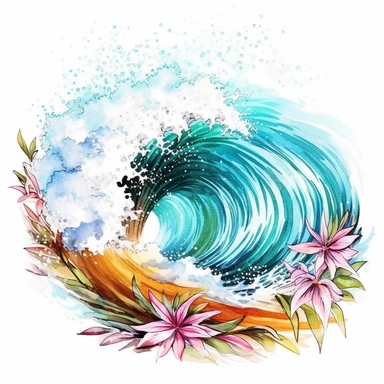 Pastel Cute Beautiful Hawaii Wave Beach Watercolor Sublimation Clipart,Cartoon, hyper realistic, intricate detail, illustration style,high solution,on the white background