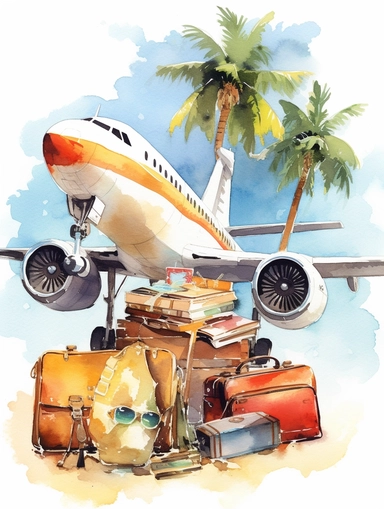 clipart, watercolor, travel luggage, coconut tree, sunglasses, airplane, map, cute colorful style on plain white background,