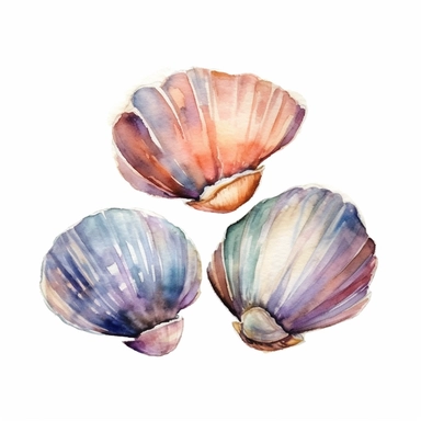Minimalistic Watercolor Clams Clipart by Thomas W.Schallerof: Design featuring different sizes ClamsTransparent white background, png,
