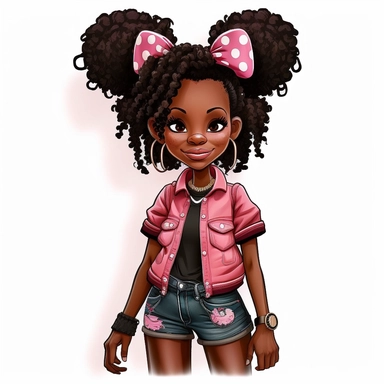 2d, beuatiful vibrant full body happy african american adult mickey mouse woman clipart, dark brown face, pink ears, cartoon realistic