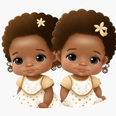 2 adorable and cute fraternal twins, happy or smiling with light brown eyes, animated, biracial baby girls, multiple poses, on white background, clipart