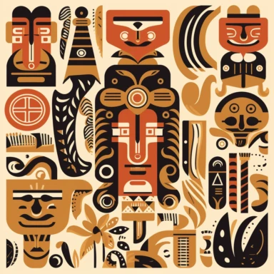 Create a series of captivating Tiki pattern clipart illustrations featuring dynamic and stylized designs. Draw inspiration from the iconic Tiki culture and its representation in mid-century modern aesthetics. Use bold lines and geometric shapes to create visually striking patterns that can be used for a variety of applications. Incorporate a warm and earthy color palette, including shades of brown, gold, and fiery reds, to convey the spirit of tropical paradise. These versatile clipart images ar