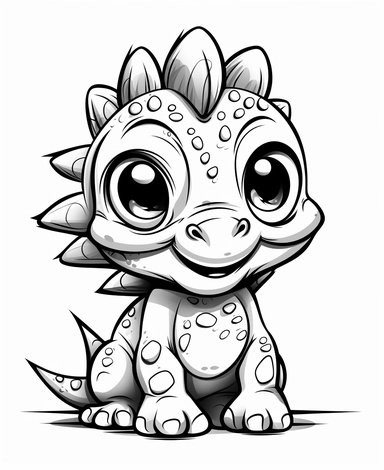 clipart image of a cute dinosaur with big eyes, outline art style, very simple strokes, bold line, coloring book black and white style, white background