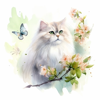 A persian cat sitting proudly on a spring branch, with a few butterflies flying, looking off into the camera, with a few spring leaves framing the scene, watercolor by Liu Yi, clipart, solid background, 8k
