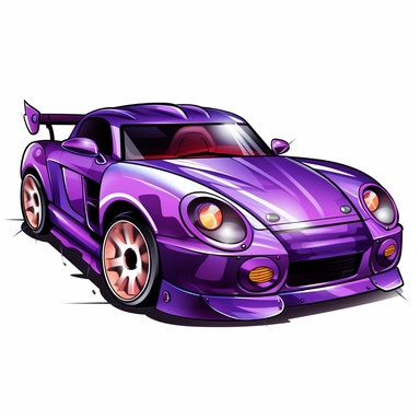 a purple sports car cartoon clipart on a white background, caricature-like, two dimensional