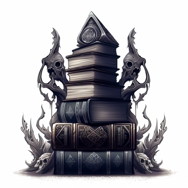 Create an impressive clipart of a clean, dark wizard's book stack on a pure white background. The design should incorporate elements of the gothic and fantasy genres, with dark hues and ornate designs on the books' spines. The lighting should be moody and shadowy, with a focus on the intricate details of the books' covers. The book stack should be perfectly symmetrical to create a sense of order and balance. Use a macro lens to capture the intricate details of the books' designs and play with th