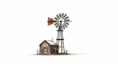Envision a classic western windmill, standing alone against a stark white background. The windmill is a symbol of the old west, with its wooden structure and spinning blades. The medium is a clipart style, with clean lines and a minimalist aesthetic. The style is reminiscent of vintage western illustrations, with a focus on the iconic silhouette of the windmill. The lighting is neutral, with the white background providing a stark contrast to the dark outline of the windmill. The colors are monoc