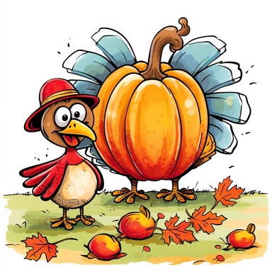 fall funny turkey and pumpkin cartoon in vivid colors clipart on a white background , in the style of rural america, high resolution, sarah purser, rural life scenes, large canvases, illustration, celebration of rural life , no watermark, text, words, paintbrush, 300 DPI, the images do not stick together, no text in the picture