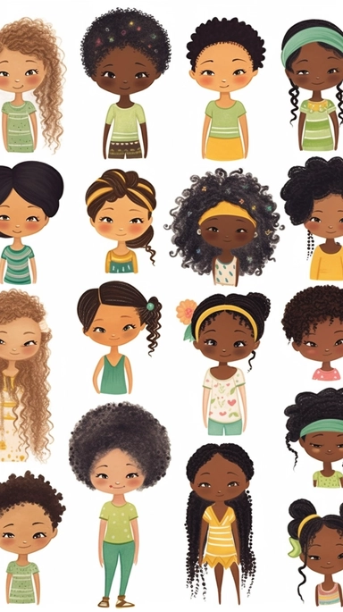 A heartwarming collection of clipart images celebrating the individuality and beauty of little Black girls. The illustrations showcase a diverse range of hairstyles, expressions, and fashion choices, reflecting the vibrant spirit of these young girls. The clipart style adds a whimsical and joyful element to the images, making them perfect for crafts, invitations, and digital projects. The girls are set against a clean white background, allowing for easy placement and customization. The clipart c