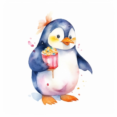 cute smiling watercolor penguin holding food, white background, clipart, 8k resolution, high saturation, juicy colors, unreal engine