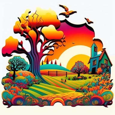 psychedelic farmland, art nouveau, bright colours, clipart, centred, white background