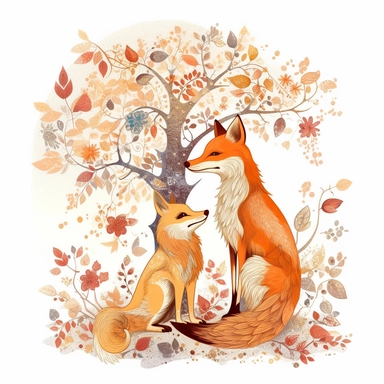 A whimsical scene of a fox and a rabbit sitting on a tree branch, surrounded by a flurry of leaves and flowers. The fox and rabbit are rendered in Marumiyan's signature style, Clipart, 8k, HD, white background
