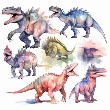 aggressive dinosaurs, full body, clipart set on white background, watercolor