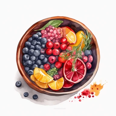 watercolor clipart of bowl, presented in a flatlay style with a top-side view on a clean white background. bowl should be filled with a visually appealing arrangement of nutritious ingredients, showcasing their vibrant colors and textures. Ensure that the bowl is not overlapping or interacting with each other, maintaining a clear separation between them. Capture the details of each ingredient with delicate watercolor strokes, emphasizing their freshness and natural appeal. The watercolor style s