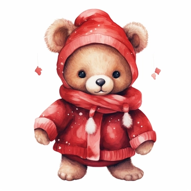 cute Baby teddy bear in red christmas clothes, clipart, no words