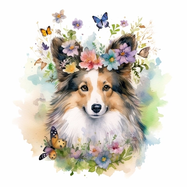 A whimsical portrayal of a Shetland Sheepdog wearing a flower crown, sitting amidst a magical forest filled with mystical creatures like fairies and butterflies, creating an enchanting and imaginative atmosphere, white background and watercolor clipart.