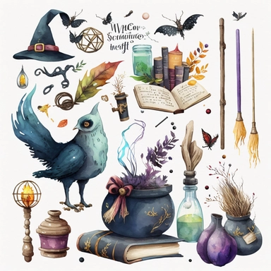 Watercolor Magic School Clipart / Witch and Wizard Supplies, Halloween Clipart, Wands and Broomstick, Pociones, Keys Clipart, PNG DIY