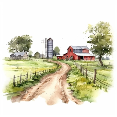 watercolor highly detailed and realistic rustic farm field, clipart, white background