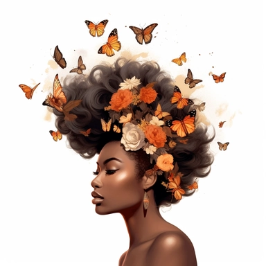 beautiful and chic African woman clipart, Independence Day, Black Girl Magic , Juneteenth Messy Bun Black Queen, with beautiful butterflies, flower, 8k,v5