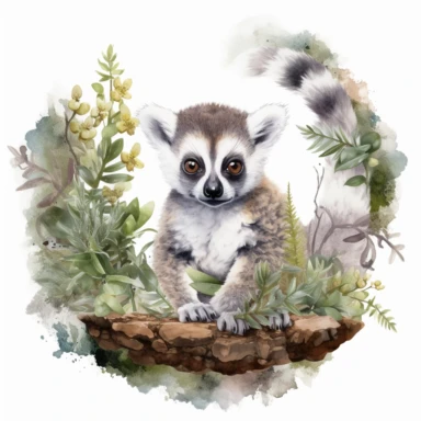 a captivating watercolor clipart image with a white background and earthy colors, featuring a cute lemur perched on a moss-covered branch, surrounded by lush foliage. The ultra-detailed, hand-drawn elements capture the calm and serene nature of the lemur. Use shades of gray, green, and brown to create a visually captivating and tranquil image that conveys the beauty and tranquility of the lemur's natural habitat.