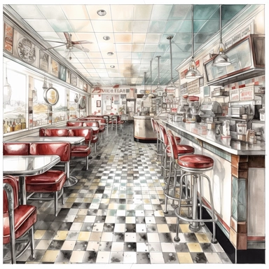 Clipart of a very detailed beautyful inside of a vintage diner, surrounded by white background, wide shot, very detailed, watercolor illustration, white background, cinematic, high quality, 32 k,