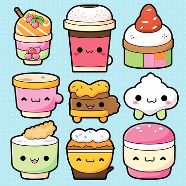 Dive into the world of Kawaii with a clipart collection featuring lovable food items. Design charming characters like smiling sushi rolls, giggling ice cream cones, and cheerful donuts. Let their expressions be infectious, radiating happiness and warmth. Add blushy cheeks, sparkles, and a touch of whimsy to make your Kawaii clipart set irresistibly cute and perfect for adding a playful touch to any project. Kawaii. White background, soft lighting.