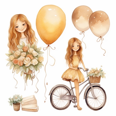 Watercolor wedding cute illustrations clipart set, simple, soft colors, cartoon elements, different variants, girl with long braids on wedding day, wedding, husband and wife, veil, garland, balloons, wedding bouquet, gold rings, wedding cake, wooden elements, they sit on a bench, on a car, on a bicycle, white transparent background, separate elements with a margin