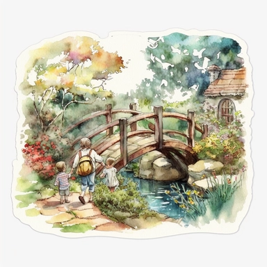 watercolor colorful watercolor artwork depicting a picturesque garden scene during the summertime. The bridge itself is a rustic wooden structure with arched beams and railings, spanning over a babbling brook. children playing clipart sticker