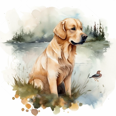 watercolor clipart of Golden Retriever in the lake